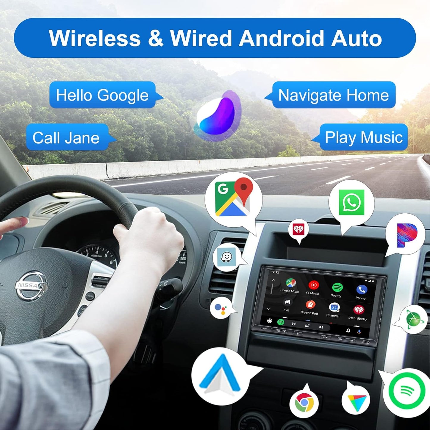Double Din Car Stereo Radio Wireless Carplay Wireless Android Auto, 7In Touchscreen Car Audio Receiver with Bluetooth,Rearview Camera,Am/Fm, GPS Navigation,Mirror Link,Subwoofer,Usb/Aux/Swc