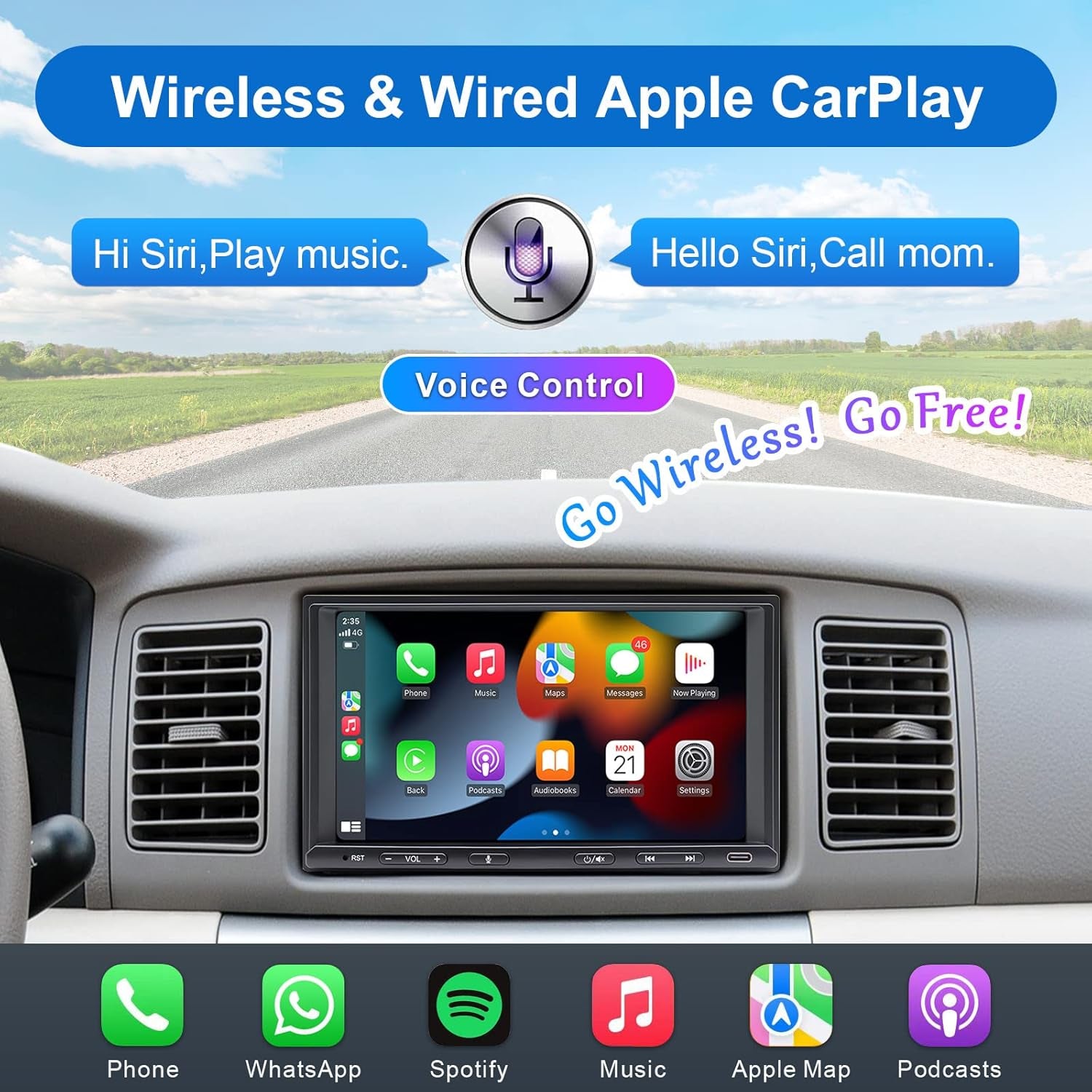 Double Din Car Stereo Radio Wireless Carplay Wireless Android Auto, 7In Touchscreen Car Audio Receiver with Bluetooth,Rearview Camera,Am/Fm, GPS Navigation,Mirror Link,Subwoofer,Usb/Aux/Swc
